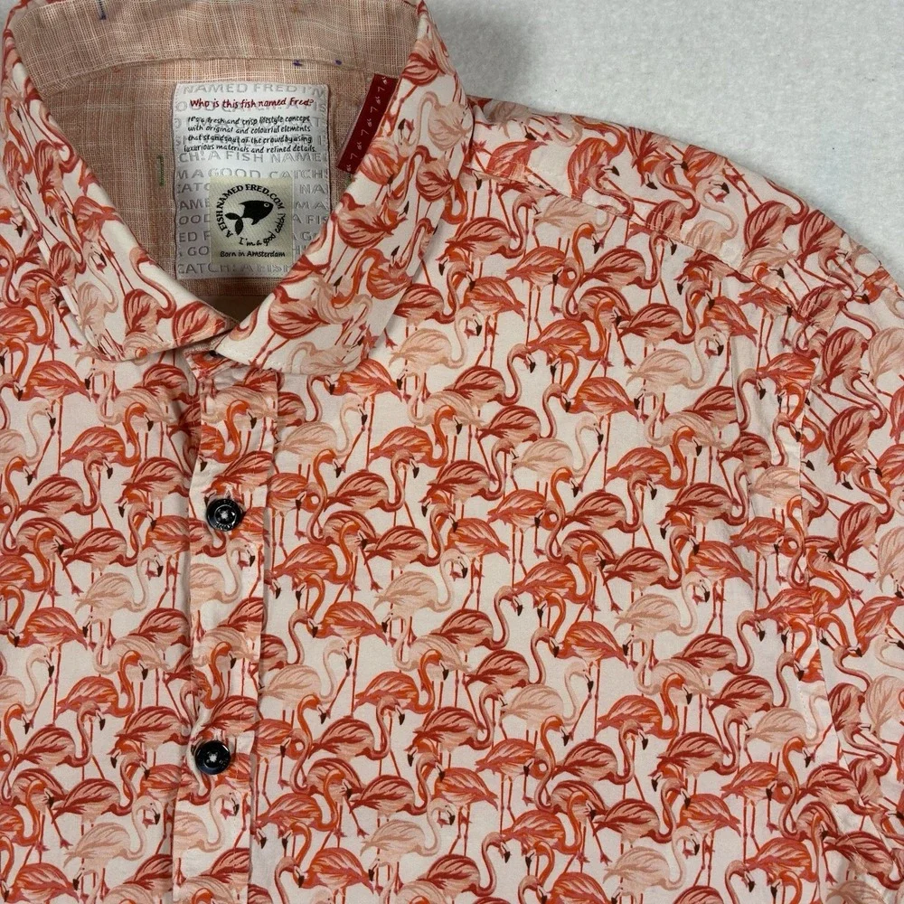 A Fish Named Fred Mens L Pink Flamingo AOP Short Sleeve Stretch Button Up Shirt